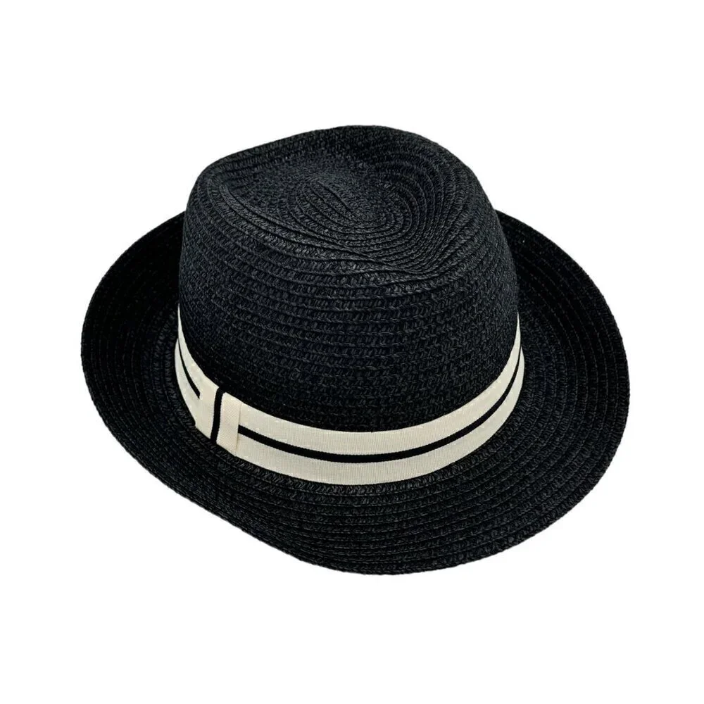 NWT Magid Hats Fedora Hat Black Straw White Ribbon Panama